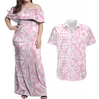 Pastel Pink Kahili Quilt Hawaii Couples Matching Off Shoulder Maxi Dress and Hawaiian Shirt Tropical Flower Seamless Half Style