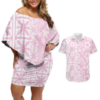 Pastel Pink Kahili Quilt Hawaii Couples Matching Off Shoulder Short Dress and Hawaiian Shirt Tropical Flower Seamless Half Style