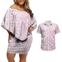 Pastel Pink Kahili Quilt Hawaii Couples Matching Off Shoulder Short Dress and Hawaiian Shirt Tropical Flower Seamless Half Style LT14 Pink - Polynesian Pride