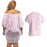 Pastel Pink Kahili Quilt Hawaii Couples Matching Off Shoulder Short Dress and Hawaiian Shirt Tropical Flower Seamless Half Style LT14 - Polynesian Pride