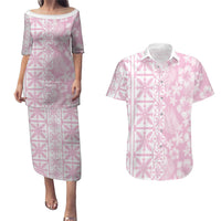 Pastel Pink Kahili Quilt Hawaii Couples Matching Puletasi and Hawaiian Shirt Tropical Flower Seamless Half Style