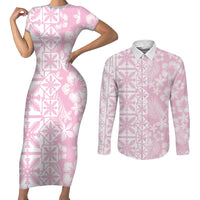 Pastel Pink Kahili Quilt Hawaii Couples Matching Short Sleeve Bodycon Dress and Long Sleeve Button Shirt Tropical Flower Seamless Half Style LT14 Pink - Polynesian Pride