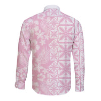Pastel Pink Kahili Quilt Hawaii Long Sleeve Button Shirt Tropical Flower Seamless Half Style LT14 - Polynesian Pride