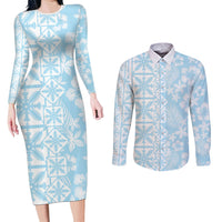 Pastel Blue Kahili Quilt Hawaii Couples Matching Long Sleeve Bodycon Dress and Long Sleeve Button Shirt Tropical Flower Seamless Half Style LT14 Blue - Polynesian Pride