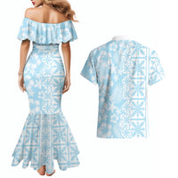Pastel Blue Kahili Quilt Hawaii Couples Matching Mermaid Dress and Hawaiian Shirt Tropical Flower Seamless Half Style LT14 - Polynesian Pride