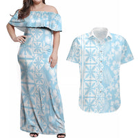 Pastel Blue Kahili Quilt Hawaii Couples Matching Off Shoulder Maxi Dress and Hawaiian Shirt Tropical Flower Seamless Half Style LT14 Blue - Polynesian Pride