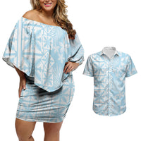 Pastel Blue Kahili Quilt Hawaii Couples Matching Off Shoulder Short Dress and Hawaiian Shirt Tropical Flower Seamless Half Style LT14 Blue - Polynesian Pride