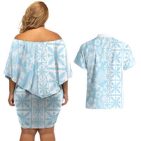Pastel Blue Kahili Quilt Hawaii Couples Matching Off Shoulder Short Dress and Hawaiian Shirt Tropical Flower Seamless Half Style LT14 - Polynesian Pride