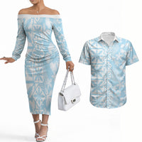 Pastel Blue Kahili Quilt Hawaii Couples Matching Off The Shoulder Long Sleeve Dress and Hawaiian Shirt Tropical Flower Seamless Half Style LT14 Blue - Polynesian Pride