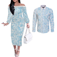 Pastel Blue Kahili Quilt Hawaii Couples Matching Off The Shoulder Long Sleeve Dress and Long Sleeve Button Shirt Tropical Flower Seamless Half Style LT14 Blue - Polynesian Pride