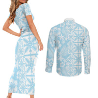 Pastel Blue Kahili Quilt Hawaii Couples Matching Short Sleeve Bodycon Dress and Long Sleeve Button Shirt Tropical Flower Seamless Half Style LT14 - Polynesian Pride