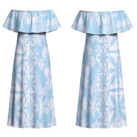 Pastel Blue Kahili Quilt Hawaii Family Matching Off Shoulder Maxi Dress and Hawaiian Shirt Tropical Flower Seamless Half Style LT14 Mom's Dress Blue - Polynesian Pride