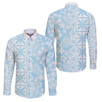 Pastel Blue Kahili Quilt Hawaii Family Matching Off Shoulder Maxi Dress and Hawaiian Shirt Tropical Flower Seamless Half Style LT14 Dad's Shirt - Long Sleeve Blue - Polynesian Pride