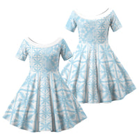 Pastel Blue Kahili Quilt Hawaii Family Matching Off Shoulder Maxi Dress and Hawaiian Shirt Tropical Flower Seamless Half Style LT14 Daughter's Dress Blue - Polynesian Pride