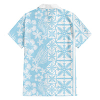 Pastel Blue Kahili Quilt Hawaii Family Matching Off Shoulder Short Dress and Hawaiian Shirt Tropical Flower Seamless Half Style LT14 - Polynesian Pride