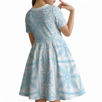 Pastel Blue Kahili Quilt Hawaii Kid Short Sleeve Dress Tropical Flower Seamless Half Style LT14 - Polynesian Pride