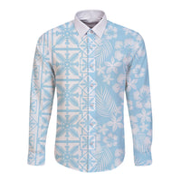 Pastel Blue Kahili Quilt Hawaii Long Sleeve Button Shirt Tropical Flower Seamless Half Style LT14 Unisex Blue - Polynesian Pride