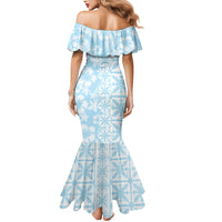 Pastel Blue Kahili Quilt Hawaii Mermaid Dress Tropical Flower Seamless Half Style LT14 - Polynesian Pride