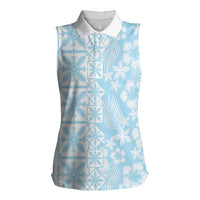 Pastel Blue Kahili Quilt Hawaii Women Sleeveless Polo Shirt Tropical Flower Seamless Half Style