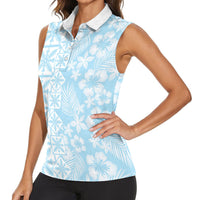 Pastel Blue Kahili Quilt Hawaii Women Sleeveless Polo Shirt Tropical Flower Seamless Half Style