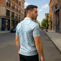 Pastel Blue Kahili Quilt Hawaii Zipper Polo Shirt Tropical Flower Seamless Half Style LT14 - Polynesian Pride