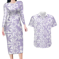 Pastel Purple Kahili Quilt Hawaii Couples Matching Long Sleeve Bodycon Dress and Hawaiian Shirt Tropical Flower Seamless Half Style LT14 Purple - Polynesian Pride