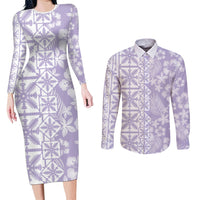 Pastel Purple Kahili Quilt Hawaii Couples Matching Long Sleeve Bodycon Dress and Long Sleeve Button Shirt Tropical Flower Seamless Half Style LT14 Purple - Polynesian Pride