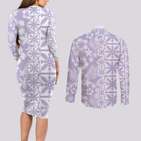Pastel Purple Kahili Quilt Hawaii Couples Matching Long Sleeve Bodycon Dress and Long Sleeve Button Shirt Tropical Flower Seamless Half Style LT14 - Polynesian Pride