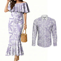 Pastel Purple Kahili Quilt Hawaii Couples Matching Mermaid Dress and Long Sleeve Button Shirt Tropical Flower Seamless Half Style LT14 Purple - Polynesian Pride