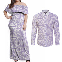 Pastel Purple Kahili Quilt Hawaii Couples Matching Off Shoulder Maxi Dress and Long Sleeve Button Shirt Tropical Flower Seamless Half Style LT14 Purple - Polynesian Pride
