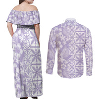 Pastel Purple Kahili Quilt Hawaii Couples Matching Off Shoulder Maxi Dress and Long Sleeve Button Shirt Tropical Flower Seamless Half Style LT14 - Polynesian Pride