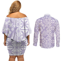 Pastel Purple Kahili Quilt Hawaii Couples Matching Off Shoulder Short Dress and Long Sleeve Button Shirt Tropical Flower Seamless Half Style LT14 - Polynesian Pride