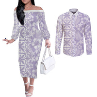 Pastel Purple Kahili Quilt Hawaii Couples Matching Off The Shoulder Long Sleeve Dress and Long Sleeve Button Shirt Tropical Flower Seamless Half Style