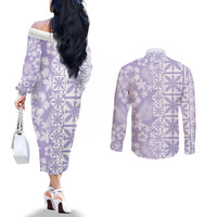 Pastel Purple Kahili Quilt Hawaii Couples Matching Off The Shoulder Long Sleeve Dress and Long Sleeve Button Shirt Tropical Flower Seamless Half Style LT14 - Polynesian Pride