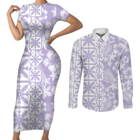 Pastel Purple Kahili Quilt Hawaii Couples Matching Short Sleeve Bodycon Dress and Long Sleeve Button Shirt Tropical Flower Seamless Half Style LT14 Purple - Polynesian Pride
