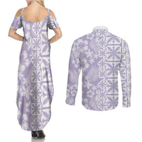 Pastel Purple Kahili Quilt Hawaii Couples Matching Summer Maxi Dress and Long Sleeve Button Shirt Tropical Flower Seamless Half Style LT14 - Polynesian Pride