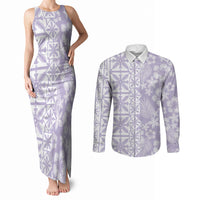 Pastel Purple Kahili Quilt Hawaii Couples Matching Tank Maxi Dress and Long Sleeve Button Shirt Tropical Flower Seamless Half Style LT14 Purple - Polynesian Pride