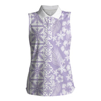 Pastel Purple Kahili Quilt Hawaii Women Sleeveless Polo Shirt Tropical Flower Seamless Half Style