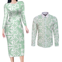 Pastel Green Kahili Quilt Hawaii Couples Matching Long Sleeve Bodycon Dress and Long Sleeve Button Shirt Tropical Flower Seamless Half Style LT14 Green - Polynesian Pride