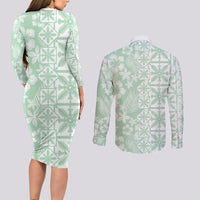 Pastel Green Kahili Quilt Hawaii Couples Matching Long Sleeve Bodycon Dress and Long Sleeve Button Shirt Tropical Flower Seamless Half Style LT14 - Polynesian Pride