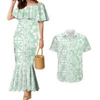 Pastel Green Kahili Quilt Hawaii Couples Matching Mermaid Dress and Hawaiian Shirt Tropical Flower Seamless Half Style LT14 Green - Polynesian Pride