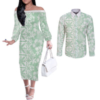 Pastel Green Kahili Quilt Hawaii Couples Matching Off The Shoulder Long Sleeve Dress and Long Sleeve Button Shirt Tropical Flower Seamless Half Style LT14 Green - Polynesian Pride