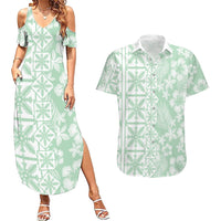 Pastel Green Kahili Quilt Hawaii Couples Matching Summer Maxi Dress and Hawaiian Shirt Tropical Flower Seamless Half Style LT14 Green - Polynesian Pride