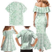 Pastel Green Kahili Quilt Hawaii Family Matching Mermaid Dress and Hawaiian Shirt Tropical Flower Seamless Half Style LT14 - Polynesian Pride