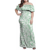 Pastel Green Kahili Quilt Hawaii Family Matching Off Shoulder Maxi Dress and Hawaiian Shirt Tropical Flower Seamless Half Style LT14 Mom's Dress Green - Polynesian Pride