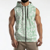 Pastel Green Kahili Quilt Hawaii Sleeveless Zip Hoodie Tropical Flower Seamless Half Style