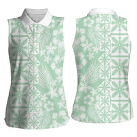 Pastel Green Kahili Quilt Hawaii Women Sleeveless Polo Shirt Tropical Flower Seamless Half Style