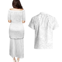 American Samoa White Sunday Couples Matching Puletasi and Hawaiian Shirt Lotu Tamaiti Plumeria With Samoan Pattern