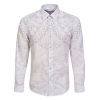 American Samoa White Sunday Family Matching Off Shoulder Short Dress and Hawaiian Shirt Lotu Tamaiti Plumeria With Samoan Pattern LT14 Dad's Shirt - Long Sleeve White - Polynesian Pride