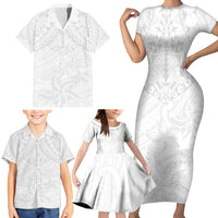 American Samoa White Sunday Family Matching Short Sleeve Bodycon Dress and Hawaiian Shirt Lotu Tamaiti Plumeria With Samoan Pattern LT14 - Polynesian Pride